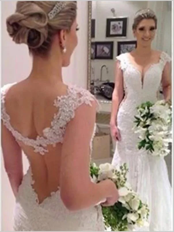 Mermaid Lace Sleeveless V-neck Wedding Dresses Brush Train Dress