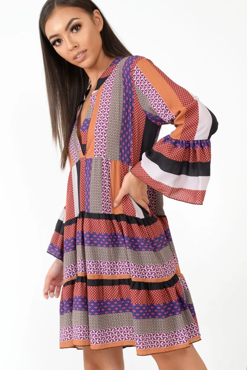 Multi Plunge Aztec Flute Sleeve Shift Dress - Olesya
