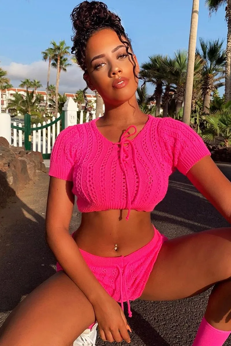 Neon Pink Crochet Knit Top Shorts Co-ord - Aarini