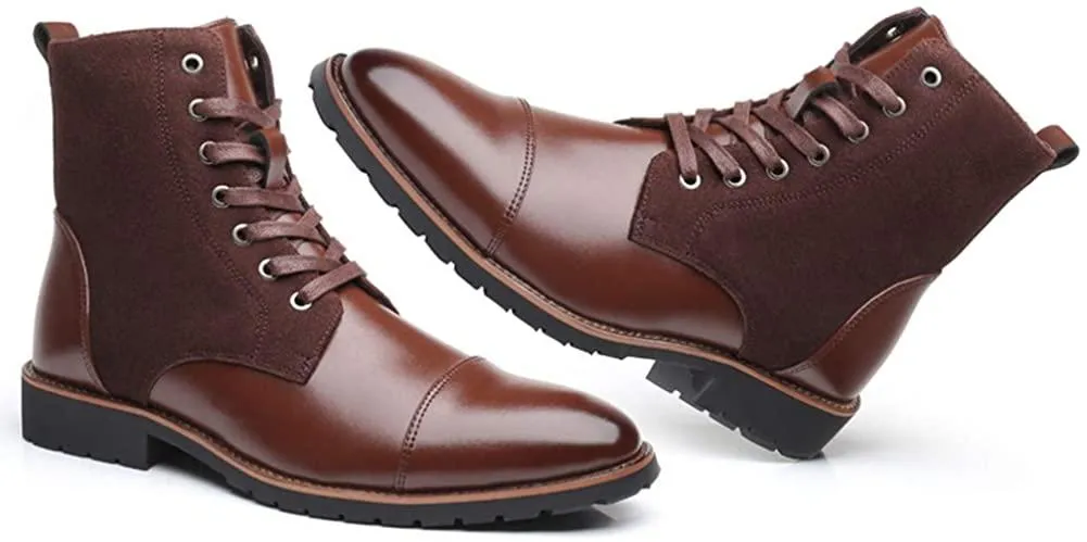 NXY Men's Brown &amp; Black Chelsea Boots - Premium PU Leather Chukka Boots for Men, High Top Pointed Toe Winter Fashion Martin Boots with Lace