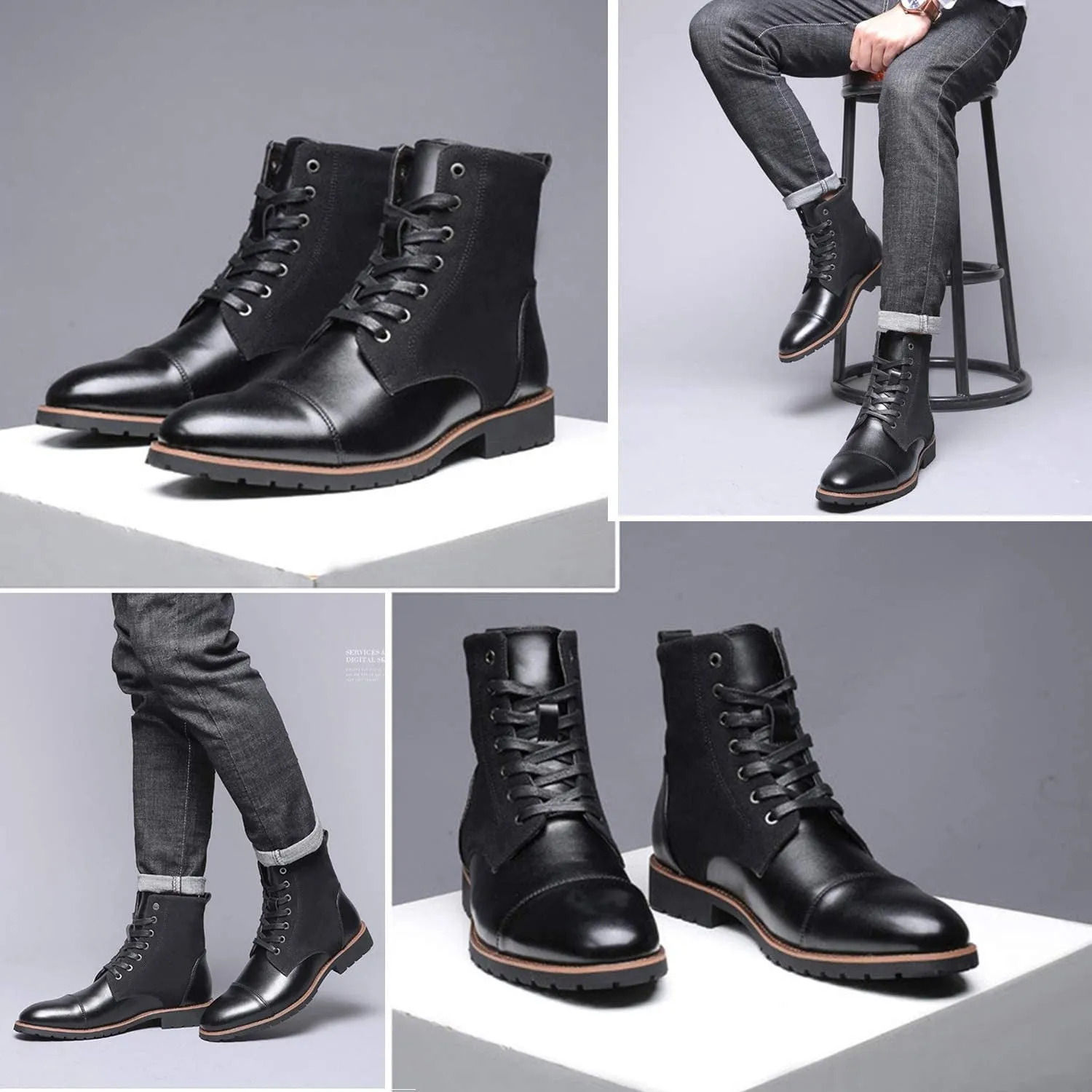 NXY Men's Brown &amp; Black Chelsea Boots - Premium PU Leather Chukka Boots for Men, High Top Pointed Toe Winter Fashion Martin Boots with Lace