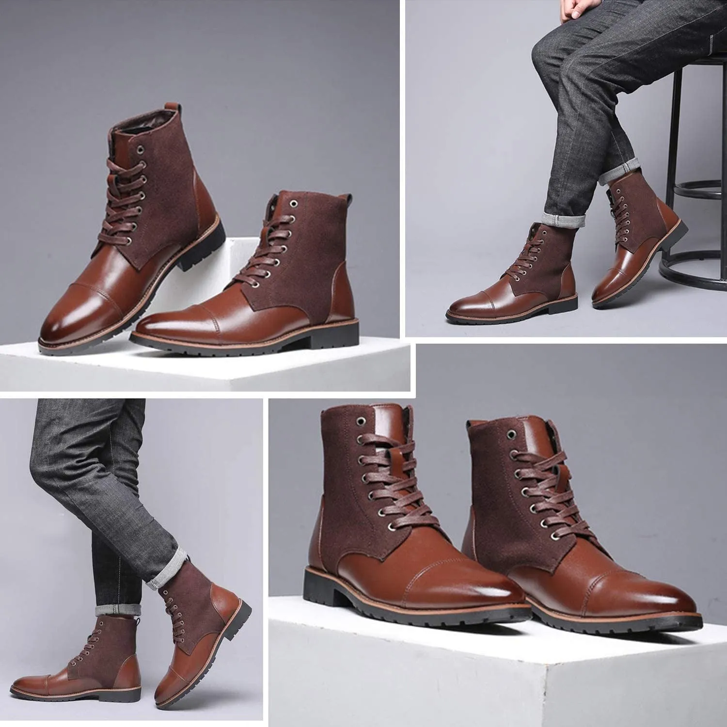 NXY Men's Brown &amp; Black Chelsea Boots - Premium PU Leather Chukka Boots for Men, High Top Pointed Toe Winter Fashion Martin Boots with Lace