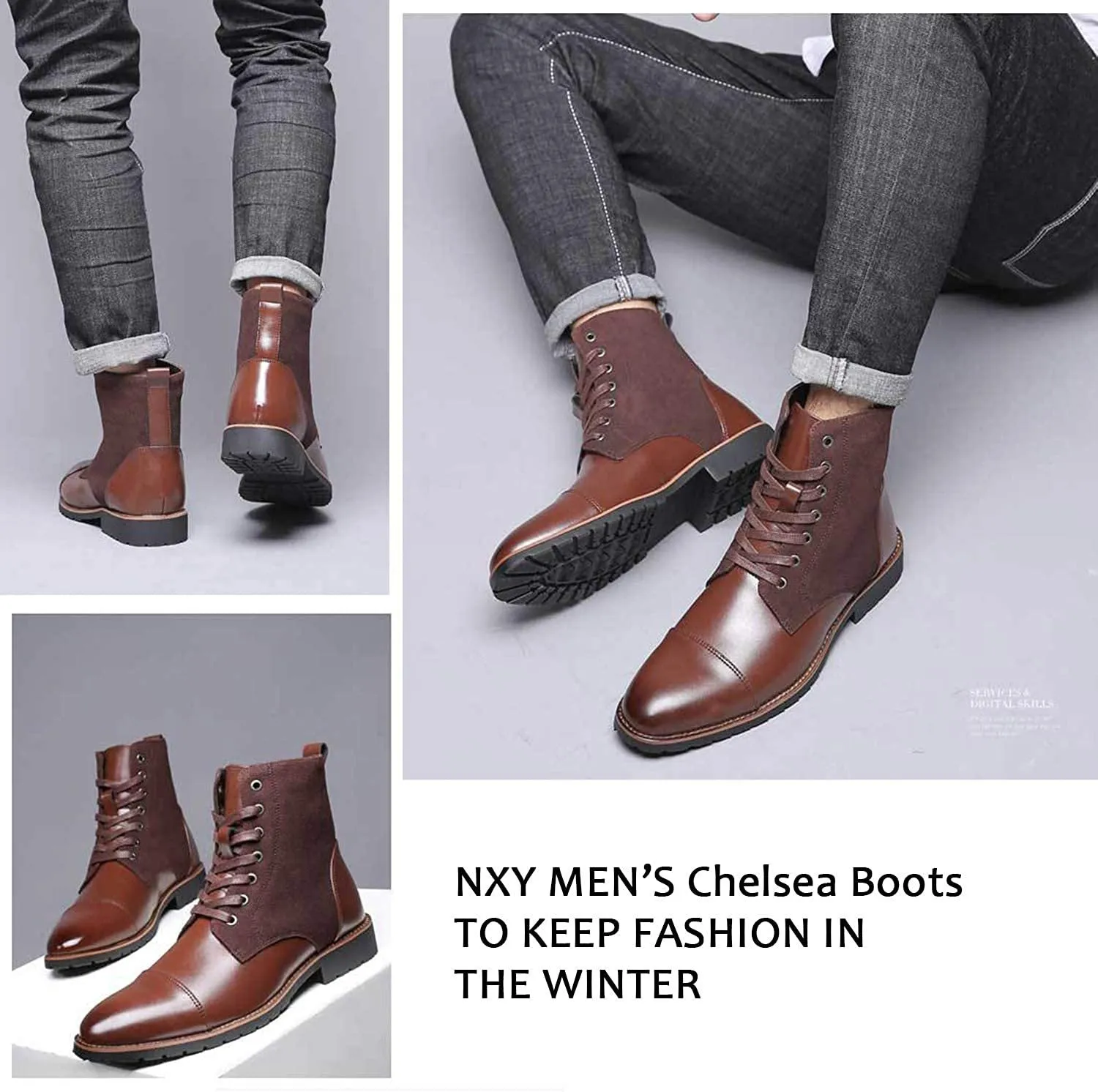 NXY Men's Brown &amp; Black Chelsea Boots - Premium PU Leather Chukka Boots for Men, High Top Pointed Toe Winter Fashion Martin Boots with Lace