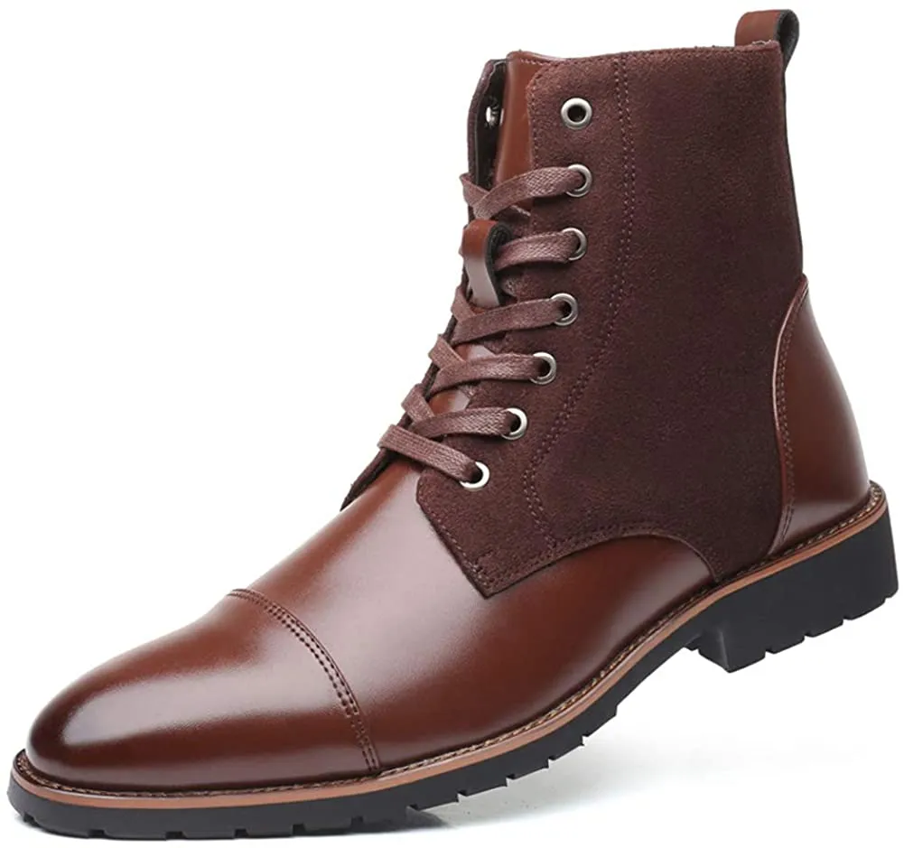NXY Men's Brown &amp; Black Chelsea Boots - Premium PU Leather Chukka Boots for Men, High Top Pointed Toe Winter Fashion Martin Boots with Lace