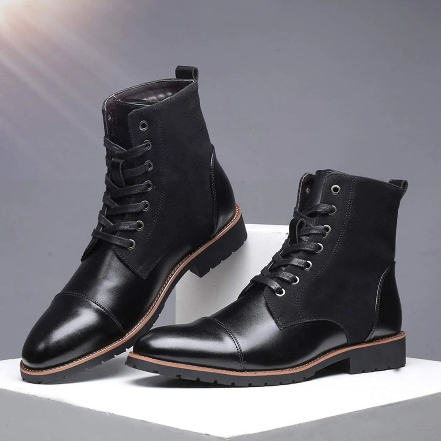 NXY Men's Brown &amp; Black Chelsea Boots - Premium PU Leather Chukka Boots for Men, High Top Pointed Toe Winter Fashion Martin Boots with Lace