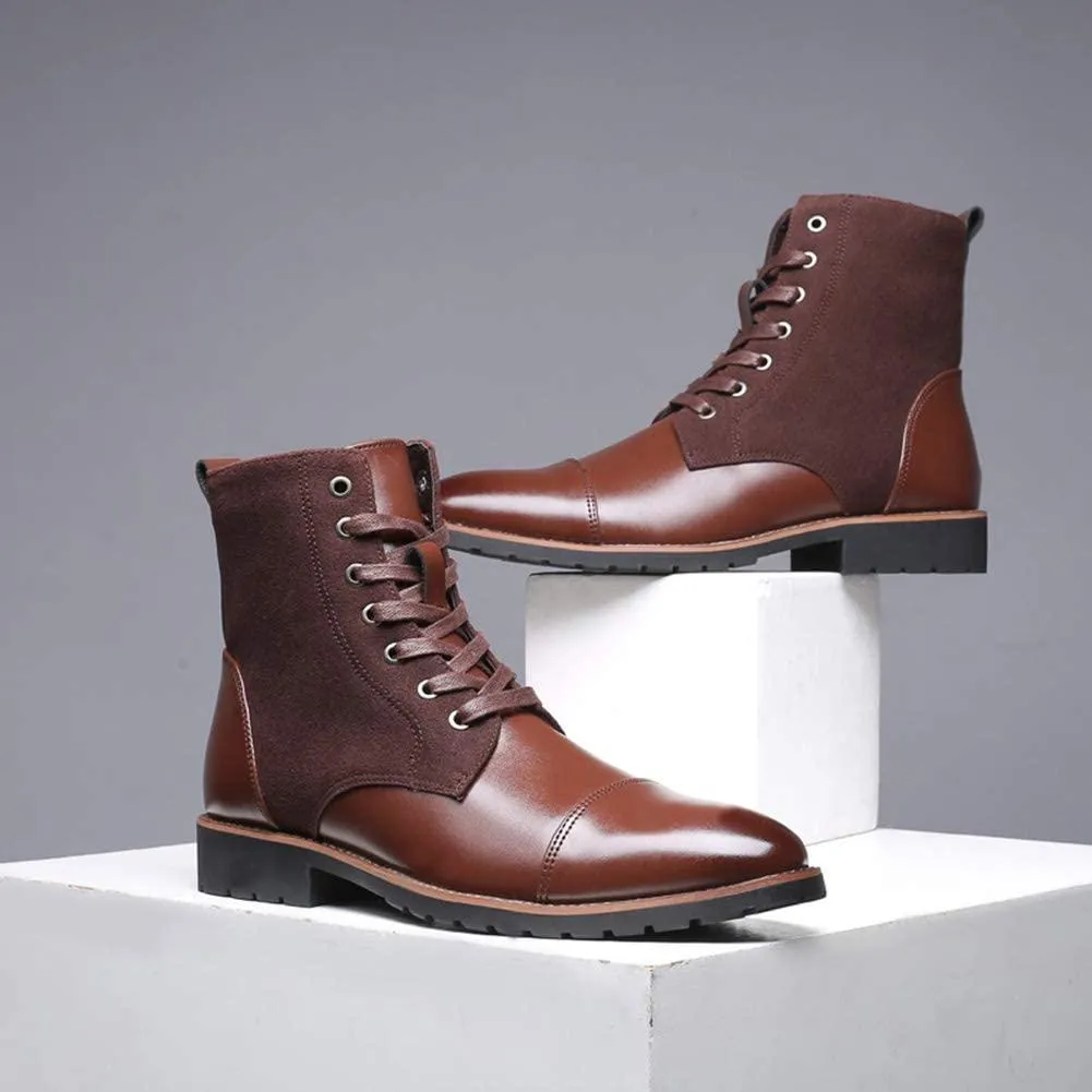 NXY Men's Brown &amp; Black Chelsea Boots - Premium PU Leather Chukka Boots for Men, High Top Pointed Toe Winter Fashion Martin Boots with Lace