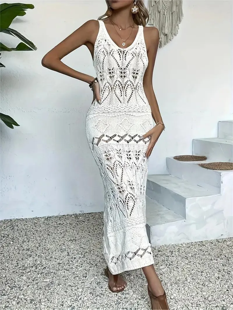 Open-Knit Maxi Dress: Sleeveless & Form-Fitting