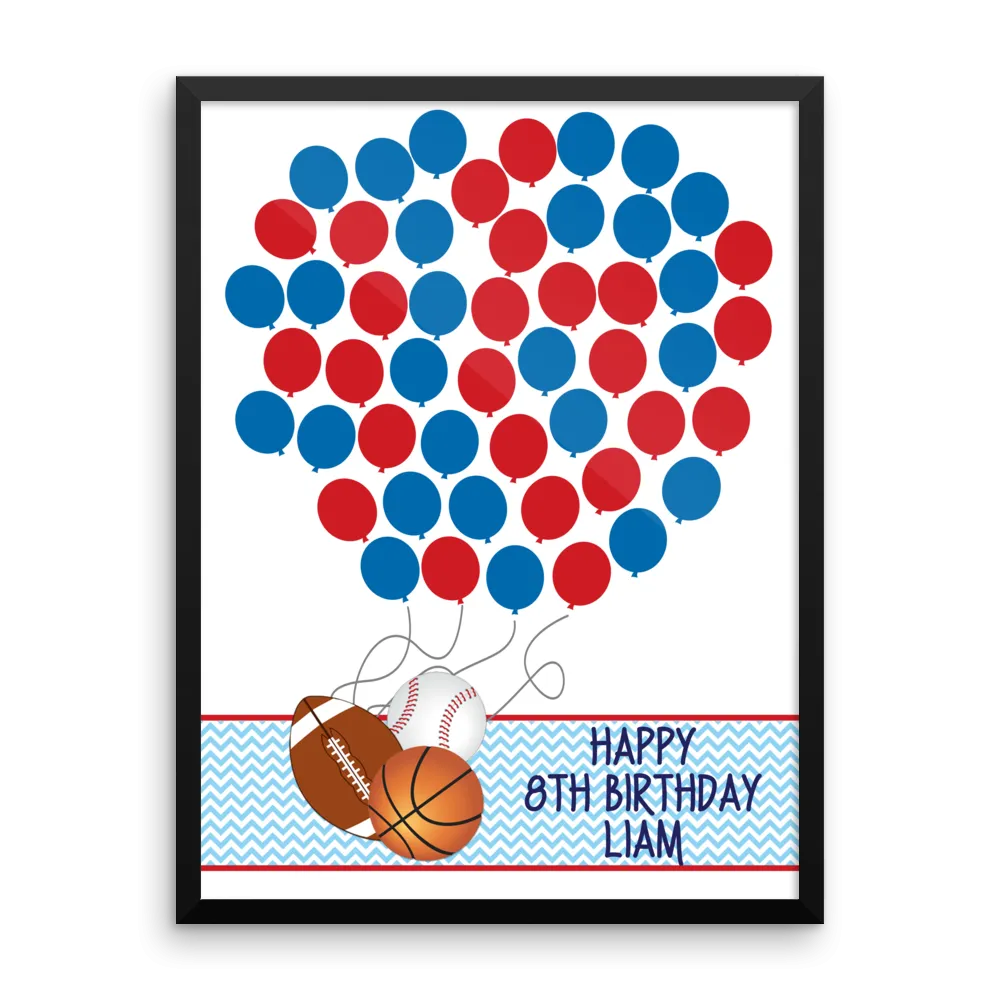 Personalized Birthday Guest Book Alternative - Sports Balloons - Customized Poster, Print, Framed or Canvas, 50 Signatures