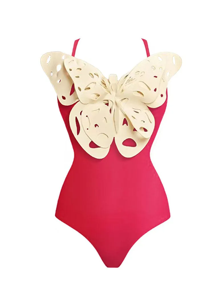Pink Butterfly Lace Retro One Piece Swimsuit