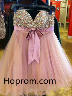 Pink Crystal Homecoming Dress, Bowknot Cute Homecoming Dress