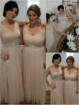 Princess Chiffon V-neck Bridesmaid Dresses Floor Length With Beading