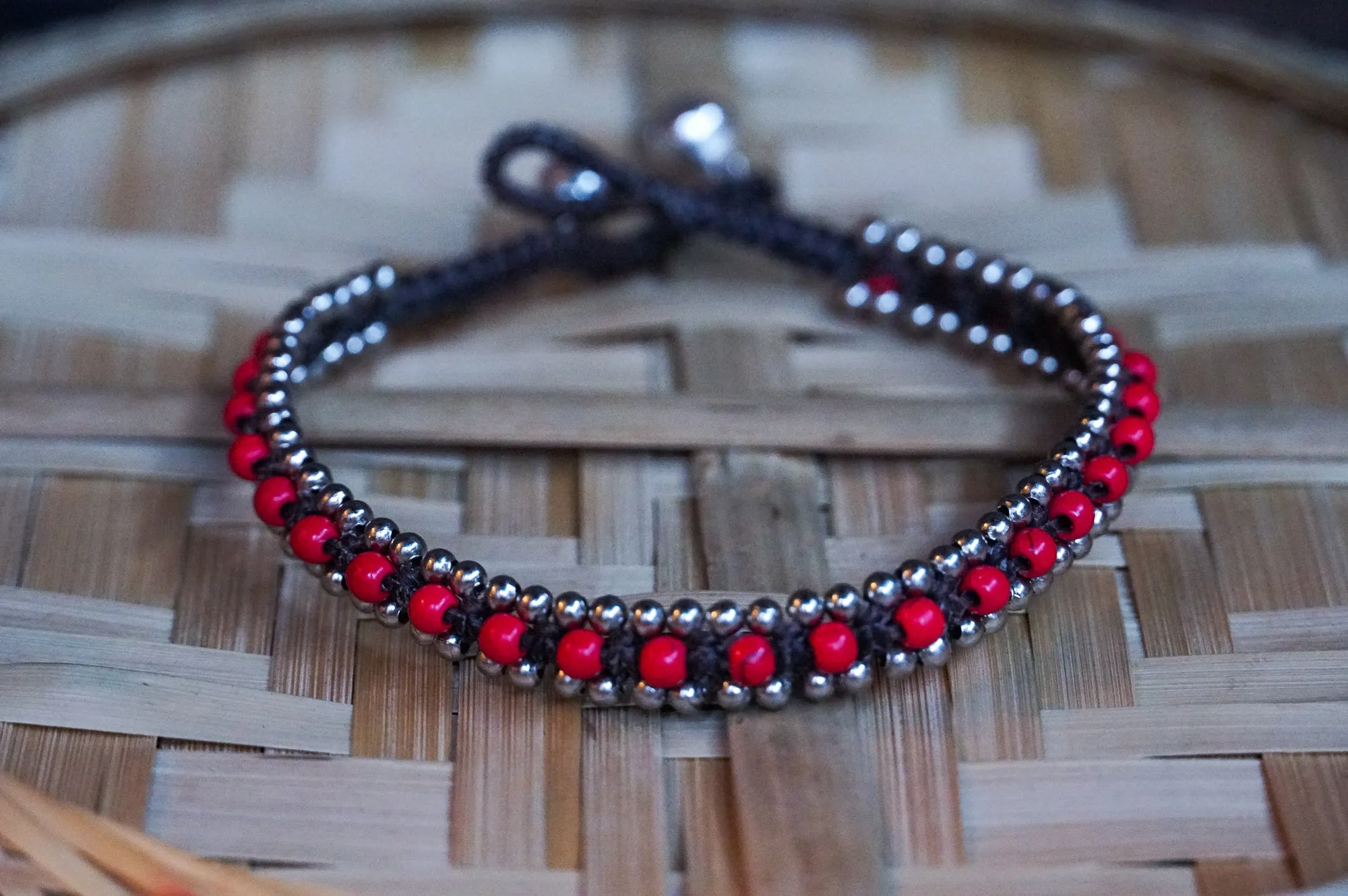 Red Coral Boho Silver Anklet