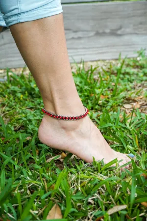 Red Coral Boho Silver Anklet