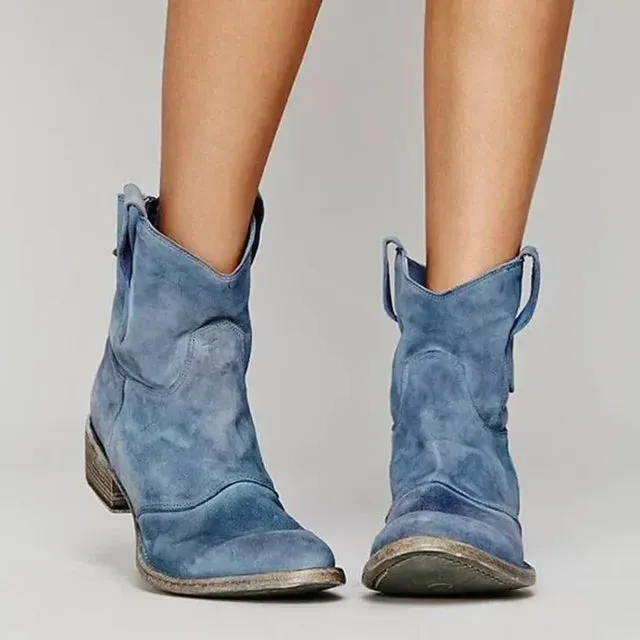 Rivara | Womens Western Ankle Cowboy Boots in Suede or Denim Round Toe Low Heel Style