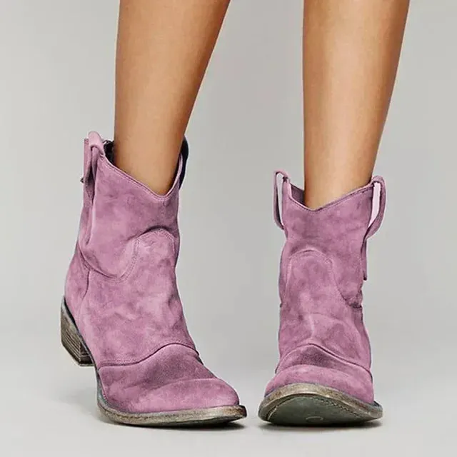 Rivara | Womens Western Ankle Cowboy Boots in Suede or Denim Round Toe Low Heel Style