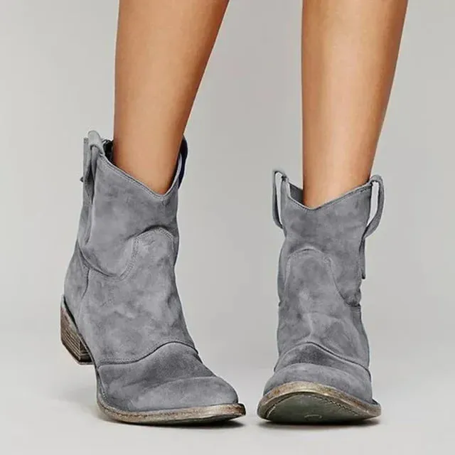 Rivara | Womens Western Ankle Cowboy Boots in Suede or Denim Round Toe Low Heel Style