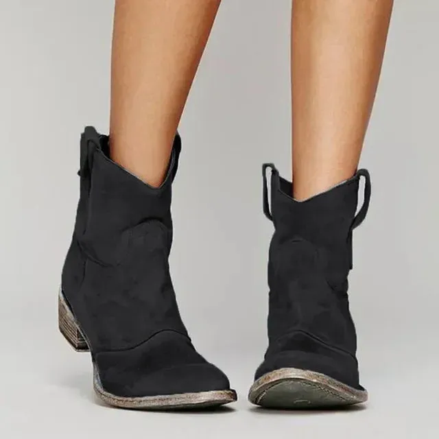 Rivara | Womens Western Ankle Cowboy Boots in Suede or Denim Round Toe Low Heel Style