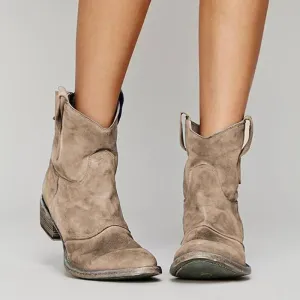 Rivara | Womens Western Ankle Cowboy Boots in Suede or Denim Round Toe Low Heel Style