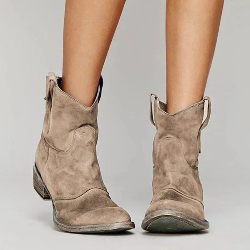 Rivara | Womens Western Ankle Cowboy Boots in Suede or Denim Round Toe Low Heel Style