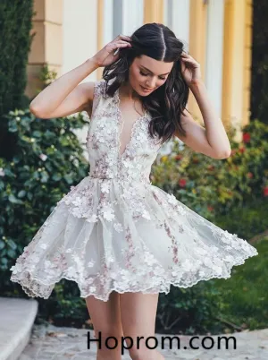 Sexy Short Homecoming Dresses, Appliques Deep V Neck Homecoming Dress