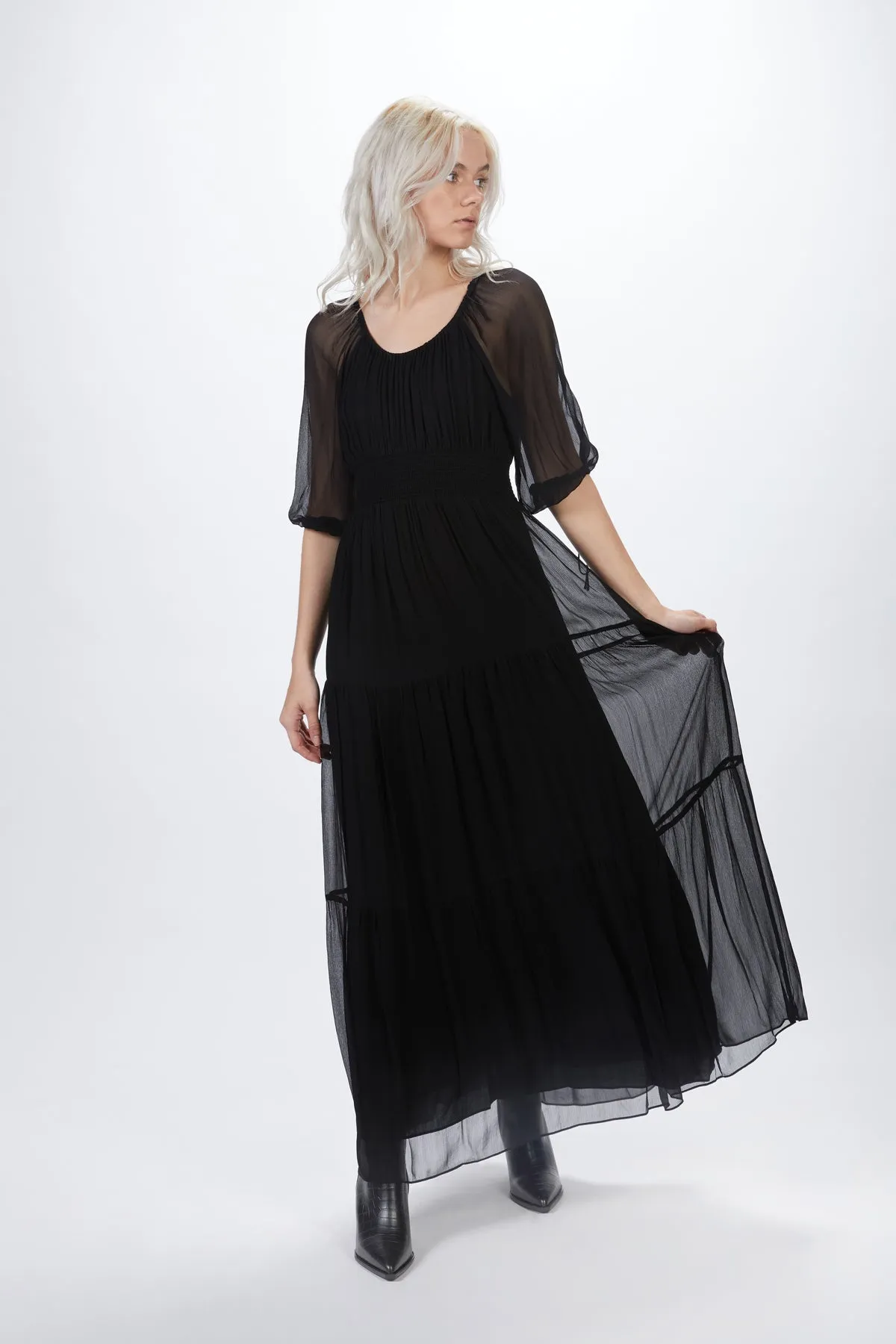 TIE-DETAILED CHIFFON MAXI DRESS