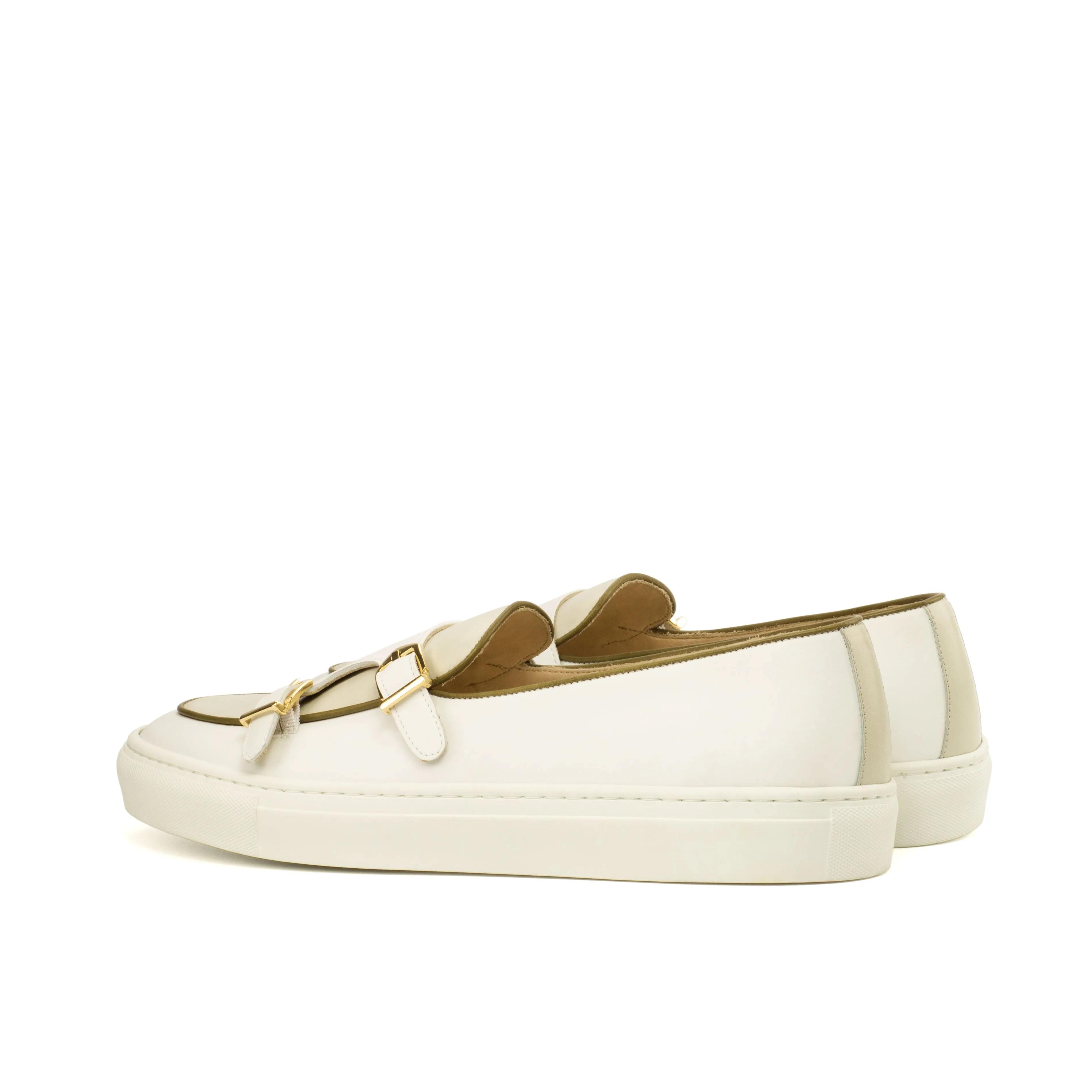 Unique Handcrafted Monk Sneaker - Box Calf White-Plain Crust-Painted Calf Olive