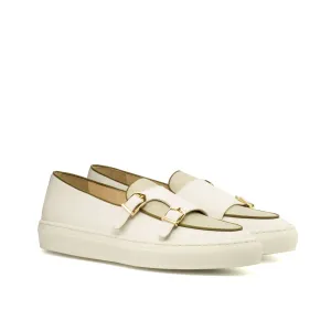 Unique Handcrafted Monk Sneaker - Box Calf White-Plain Crust-Painted Calf Olive