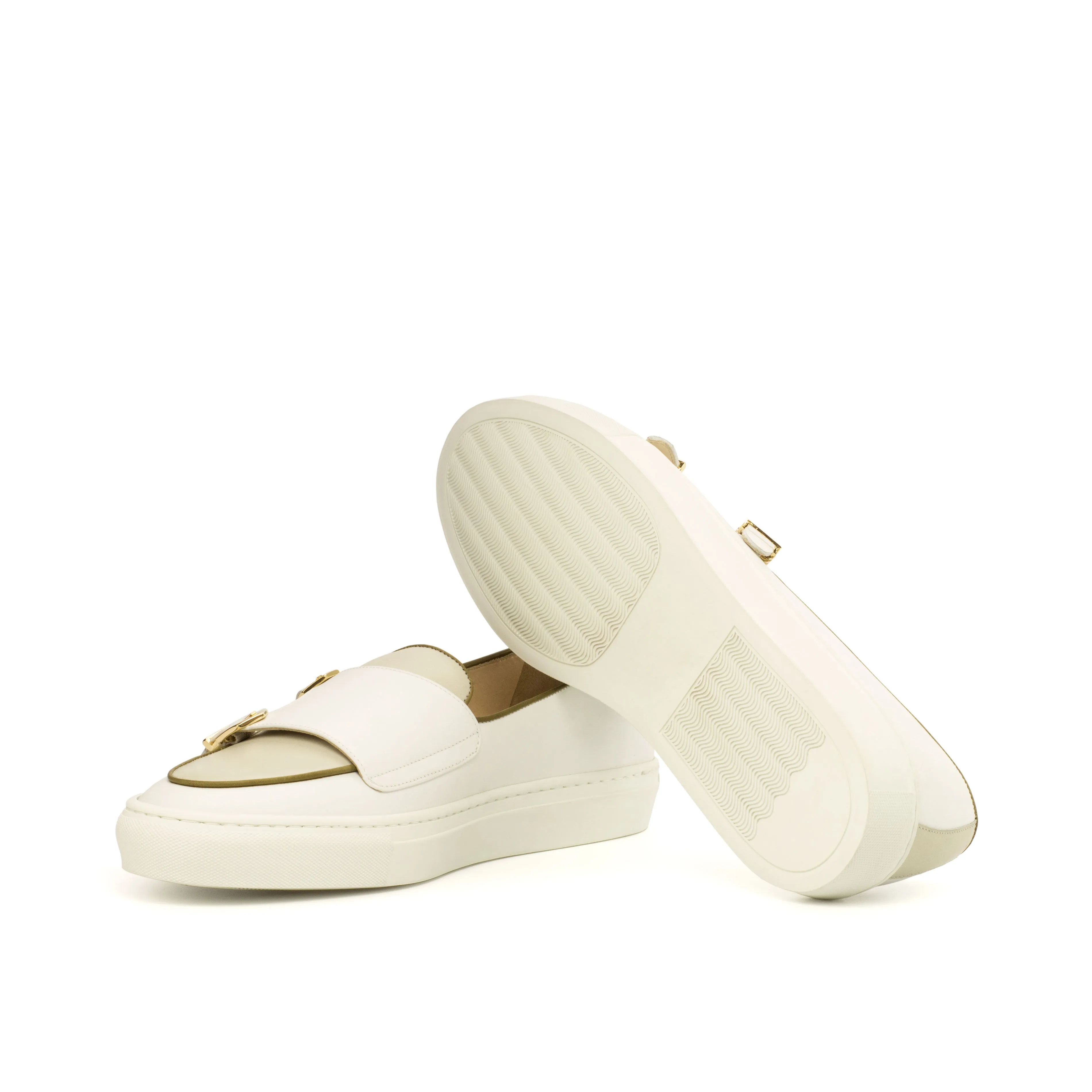 Unique Handcrafted Monk Sneaker - Box Calf White-Plain Crust-Painted Calf Olive