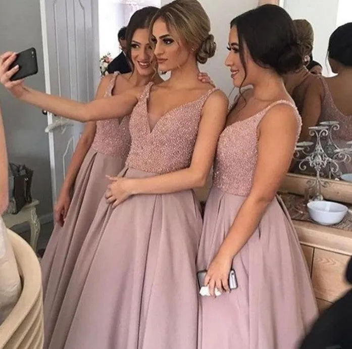 V-neck Beading Long Bridesmaid Dress for Wedding
