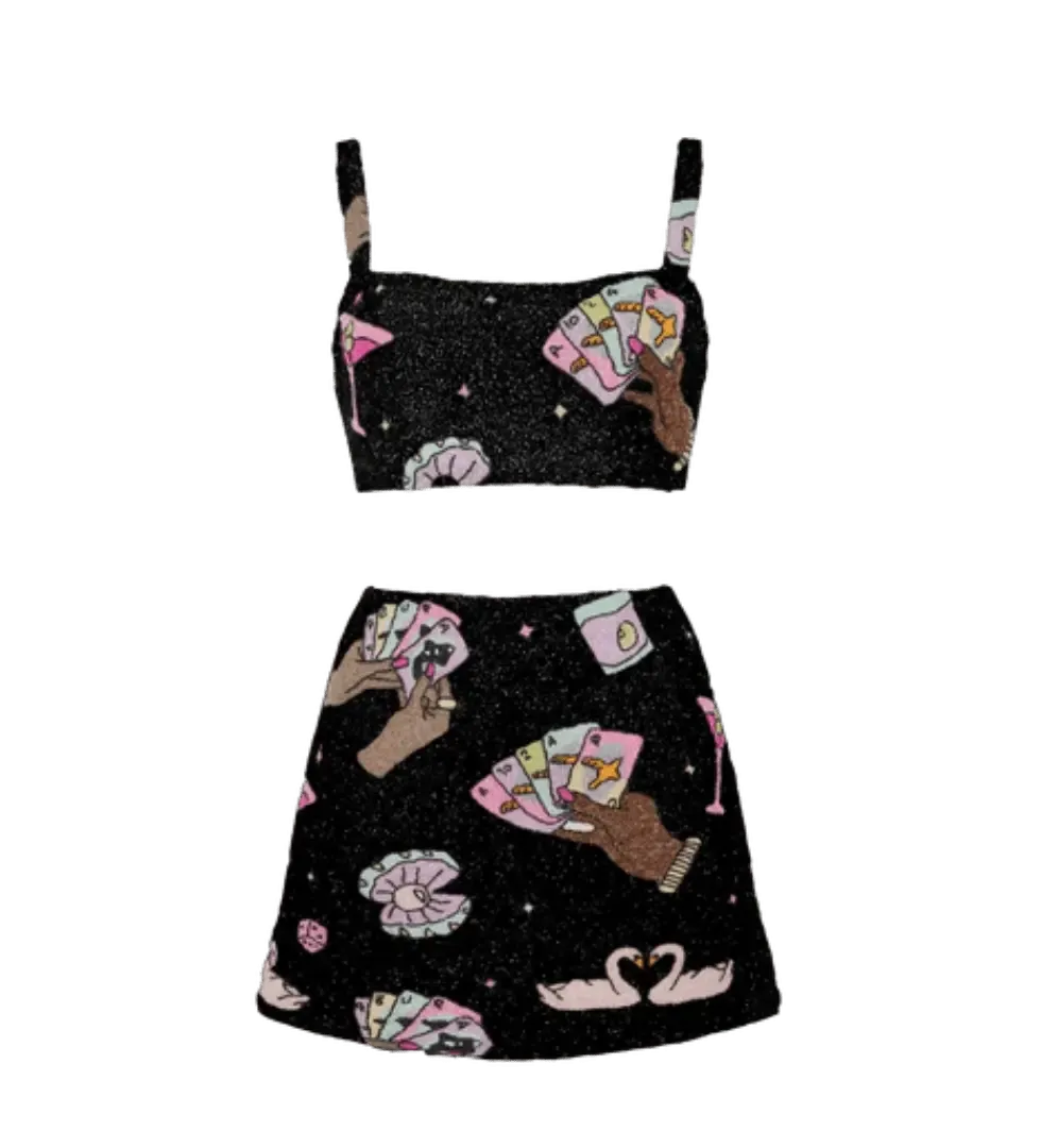 Vegas Beaded Mini Black Party Beach Co-ord Skirt